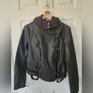 Free People We The Free Dark Leather Jacket with Hood